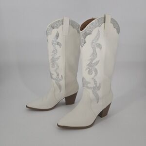 Qupid Ivory White Rhinestone Western Cowboy Boots Womens 9 Tall Pointed‎ Toe